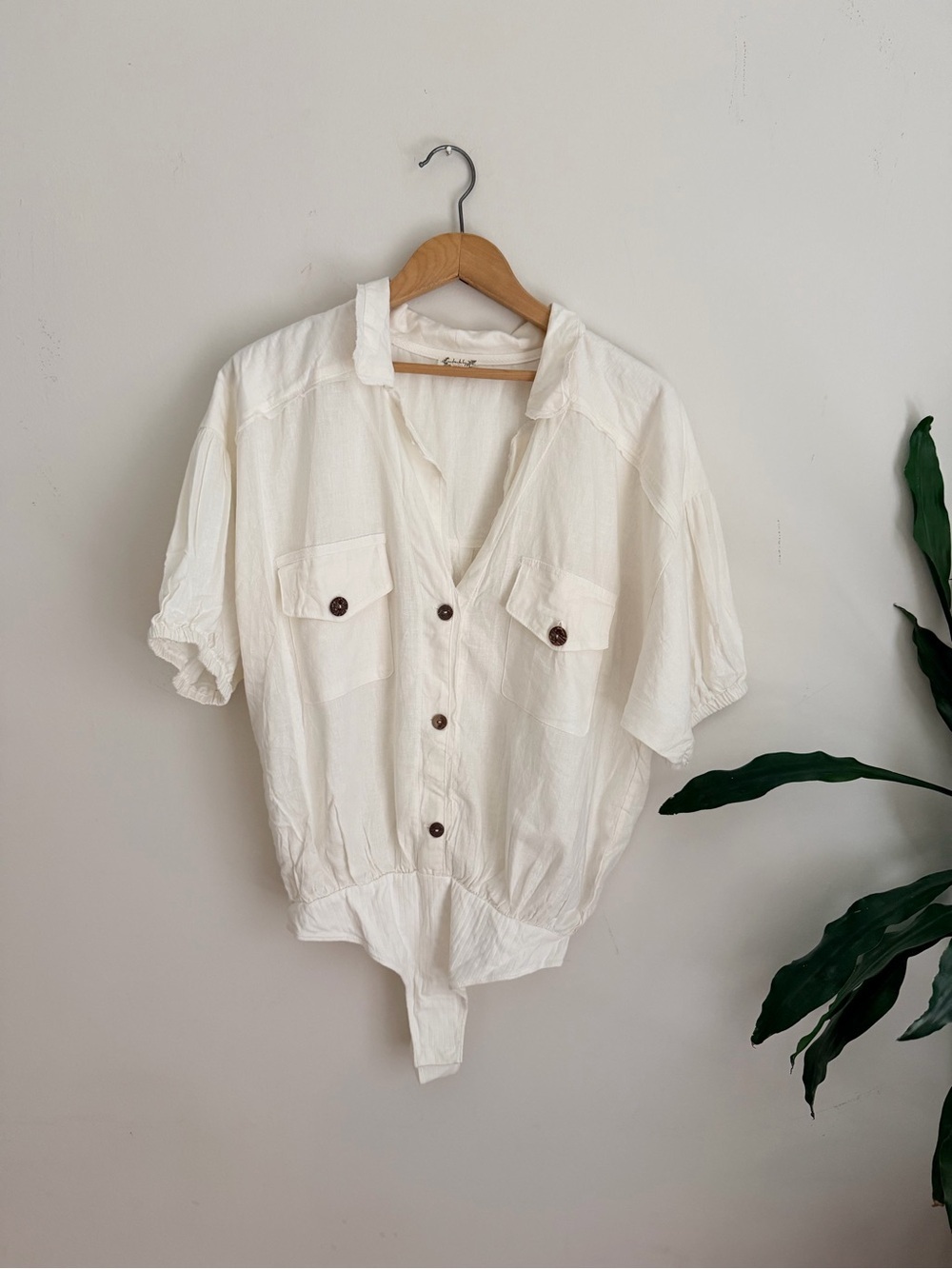 Free People Cream Button-Up Top with Pocket Detail
